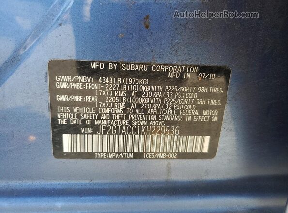 JF2GTACC1KH229536 2019 SUBARU CROSSTREK Синий Вид наклейки с VIN-кодом