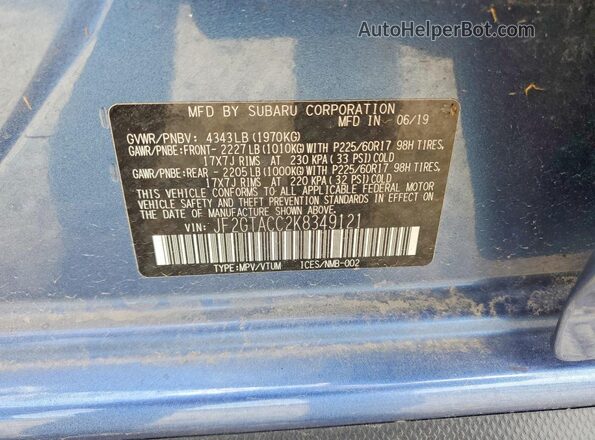 JF2GTACC2K8349121 2019 SUBARU CROSSTREK Blue Engine compartment view