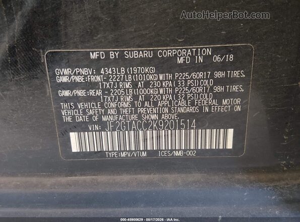 JF2GTACC2K9201514 2019 SUBARU CROSSTREK Black Engine compartment view
