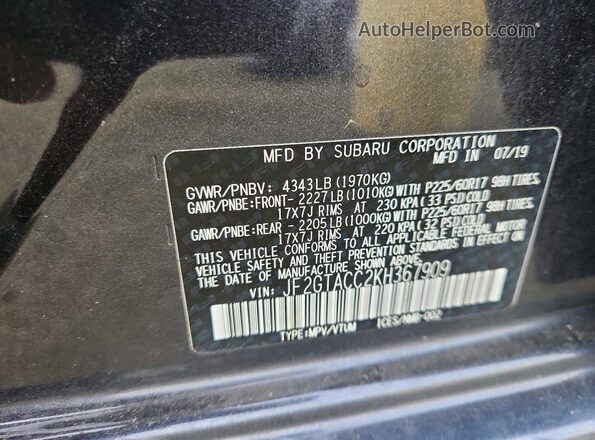 JF2GTACC2KH367909 2019 SUBARU CROSSTREK Серый Вид наклейки с VIN-кодом