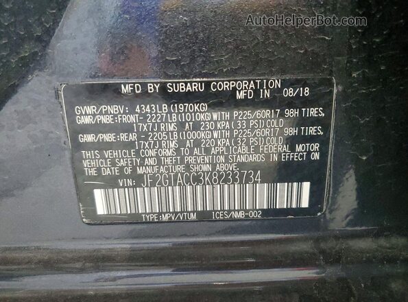 JF2GTACC3K8233734 2019 SUBARU CROSSTREK Gray Widok komory silnika
