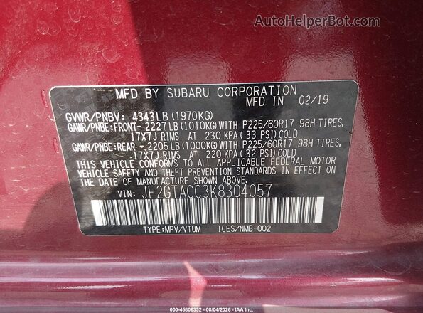 JF2GTACC3K8304057 2019 SUBARU CROSSTREK Red Շարժիչի բաժամունքի տեսք