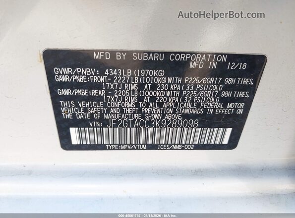 JF2GTACC3K9289098 2019 SUBARU CROSSTREK White Շարժիչի բաժամունքի տեսք