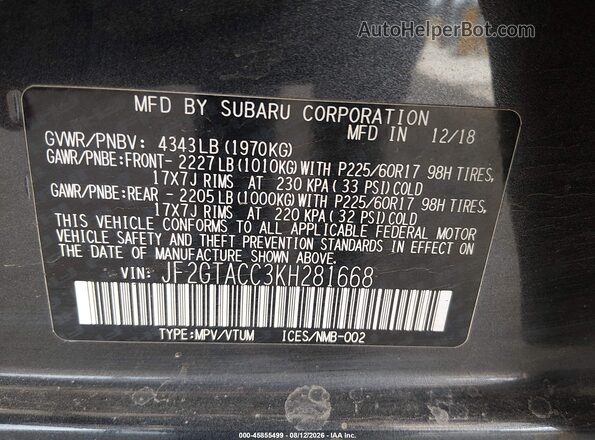 JF2GTACC3KH281668 2019 SUBARU CROSSTREK Gray Vista del compartimento del motor
