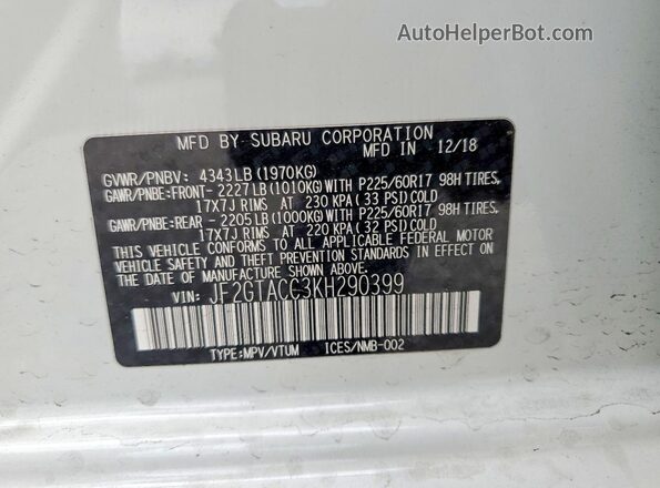 JF2GTACC3KH290399 2019 SUBARU CROSSTREK Белый Вид наклейки с VIN-кодом