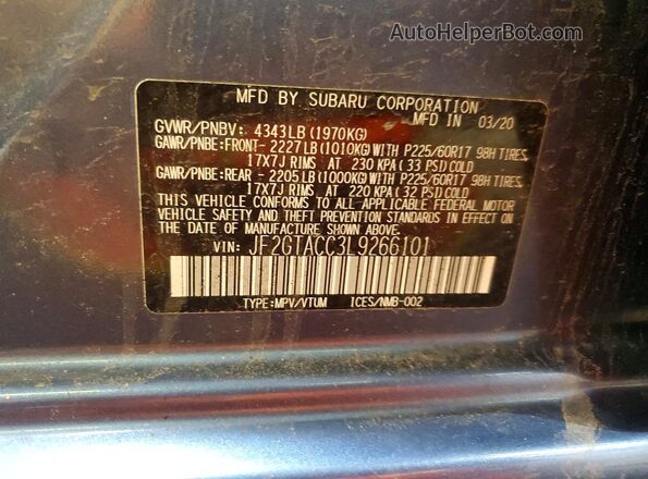 JF2GTACC3L9266101 2020 SUBARU CROSSTREK Blue VIN sticker view