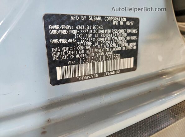 JF2GTACC4JH221560 2018 SUBARU CROSSTREK Серый Вид наклейки с VIN-кодом