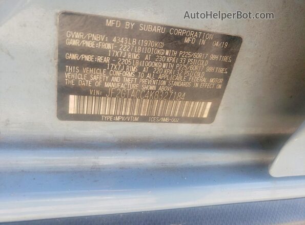 JF2GTACC4K8327184 2019 SUBARU CROSSTREK Blue Вид наклейки з VIN-кодом