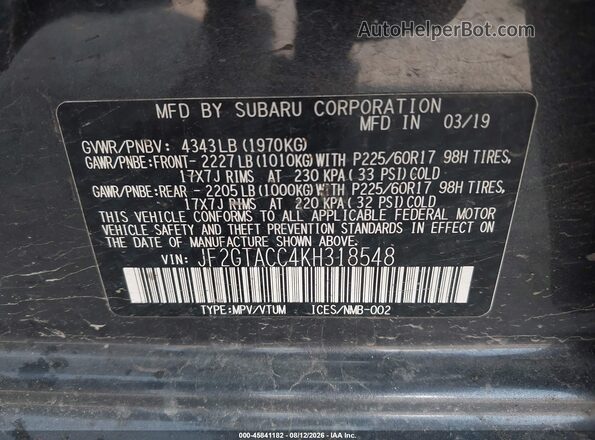 JF2GTACC4KH318548 2019 SUBARU CROSSTREK Black Widok komory silnika