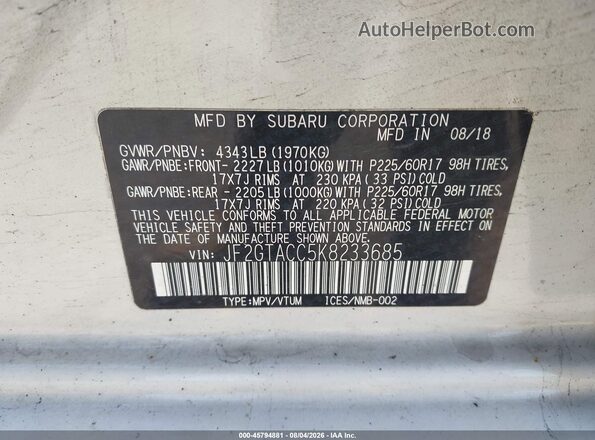 JF2GTACC5K8233685 2019 SUBARU CROSSTREK White Вид підкапотного простору
