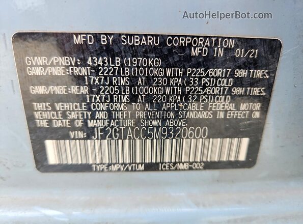 JF2GTACC5M9320600 2021 SUBARU CROSSTREK Blue Widok naklejki z numerem VIN