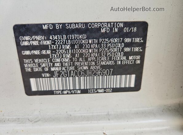 JF2GTACC6JH296907 2018 SUBARU CROSSTREK White VIN կոդի պիտակի տեսք