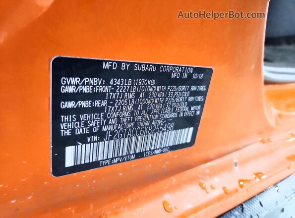 JF2GTACC6K8255498 2019 SUBARU CROSSTREK Orange Widok naklejki z numerem VIN