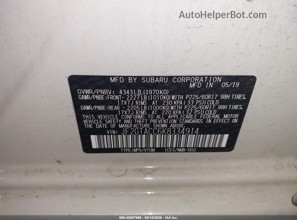 JF2GTACC6K8334914 2019 SUBARU CROSSTREK White Vista del compartimento del motor