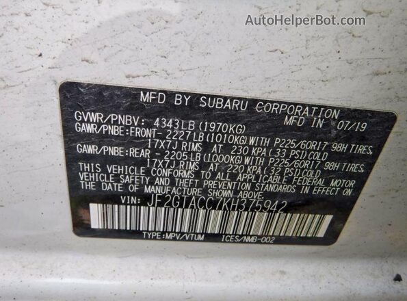 JF2GTACC7KH375942 2019 SUBARU CROSSTREK Белый Вид наклейки с VIN-кодом
