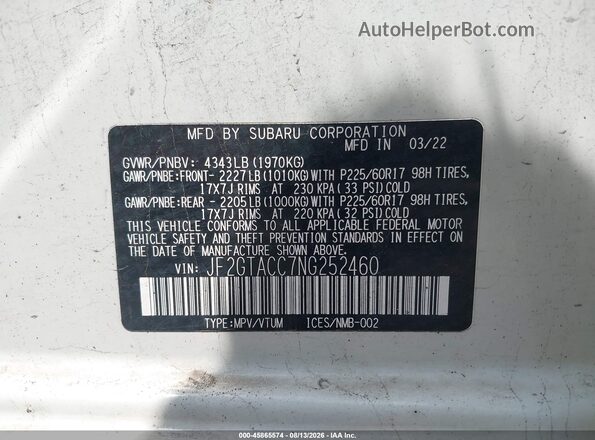 JF2GTACC7NG252460 2022 SUBARU CROSSTREK White Вид підкапотного простору