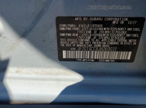 JF2GTACC8JH269031 2018 SUBARU CROSSTREK Blue Вид наклейки з VIN-кодом