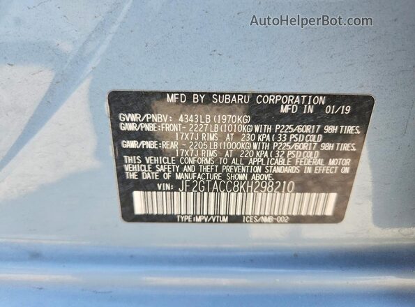 JF2GTACC8KH298210 2019 SUBARU CROSSTREK Blue Widok naklejki z numerem VIN