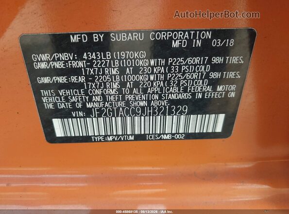 JF2GTACC9JH321329 2018 SUBARU CROSSTREK Orange Vista del compartimento del motor