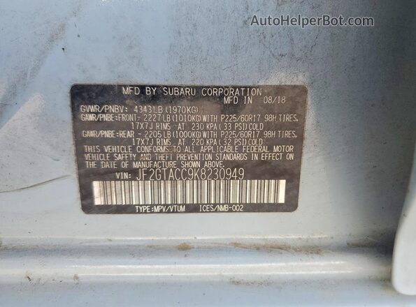 JF2GTACC9K8230949 2019 SUBARU CROSSTREK Blue Vista de la etiqueta del VIN
