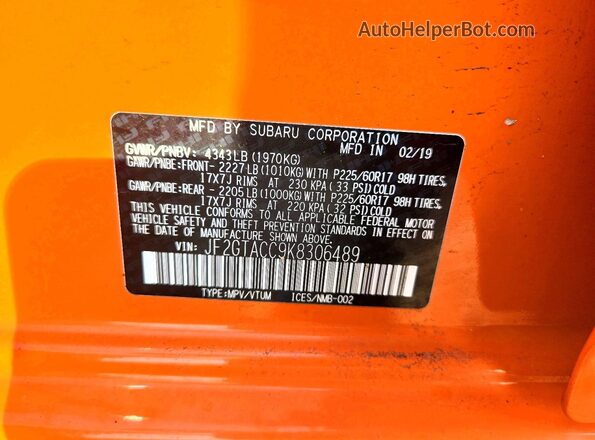 JF2GTACC9K8306489 2019 SUBARU CROSSTREK Orange ძრავის განყოფილების ხედი