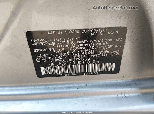 JF2GTACC9K8390006 2019 SUBARU CROSSTREK Silver Engine compartment view