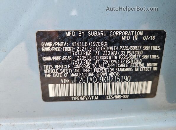 JF2GTACC9KH215190 2019 SUBARU CROSSTREK Blue Widok naklejki z numerem VIN