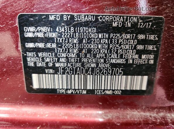 JF2GTADC4J8269705 2018 SUBARU CROSSTREK Бордовый Вид наклейки с VIN-кодом