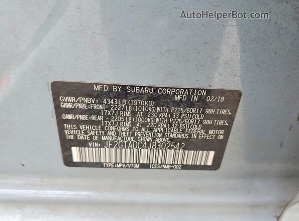 JF2GTADC4J8302542 2018 SUBARU CROSSTREK Синий Вид наклейки с VIN-кодом