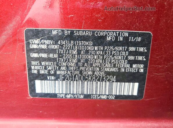 JF2GTADC5K8273294 2019 SUBARU CROSSTREK Красный Вид наклейки с VIN-кодом
