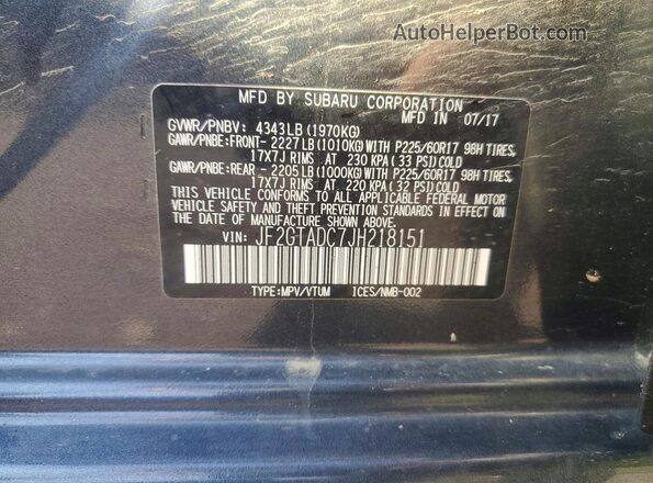 JF2GTADC7JH218151 2018 SUBARU CROSSTREK Gray Widok naklejki z numerem VIN