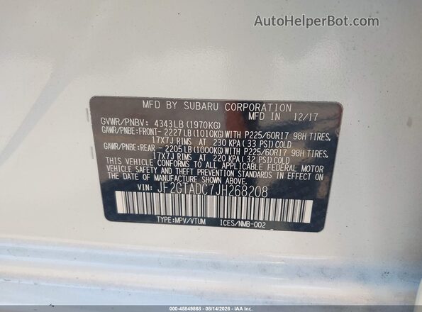 JF2GTADC7JH268208 2018 SUBARU CROSSTREK White Շարժիչի բաժամունքի տեսք