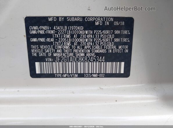JF2GTADC8K8245344 2019 SUBARU CROSSTREK White Widok komory silnika