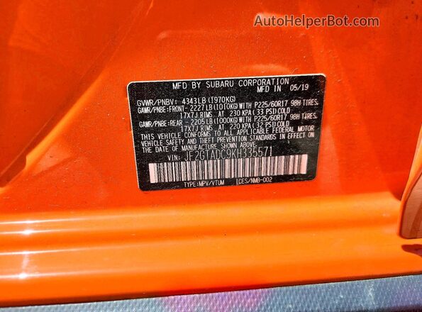 JF2GTADC9KH335571 2019 SUBARU CROSSTREK Оранжевый Панорамный вид салона 360°
