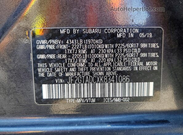 JF2GTADCXK8341086 2019 SUBARU CROSSTREK Charcoal Вид наклейки з VIN-кодом