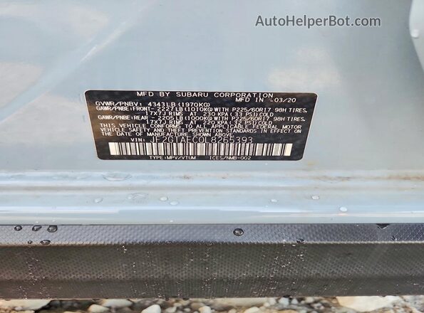 JF2GTAEC0L8265393 2020 SUBARU CROSSTREK Blue VIN sticker view