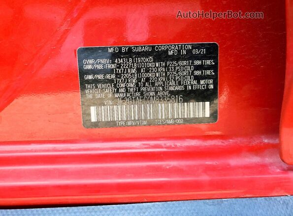 JF2GTAEC0M8335816 2021 SUBARU CROSSTREK Red Engine compartment view
