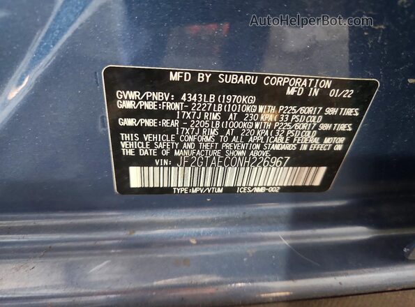 JF2GTAEC0NH226967 2022 SUBARU CROSSTREK Blue Widok naklejki z numerem VIN