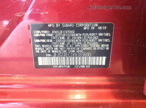 JF2GTAEC1KH383600 2019 SUBARU CROSSTREK Red Vista de la etiqueta del VIN