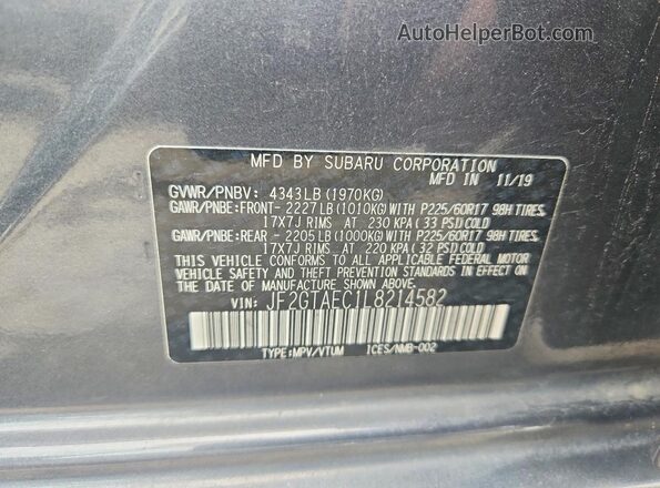 JF2GTAEC1L8214582 2020 SUBARU CROSSTREK Gray Вид наклейки з VIN-кодом