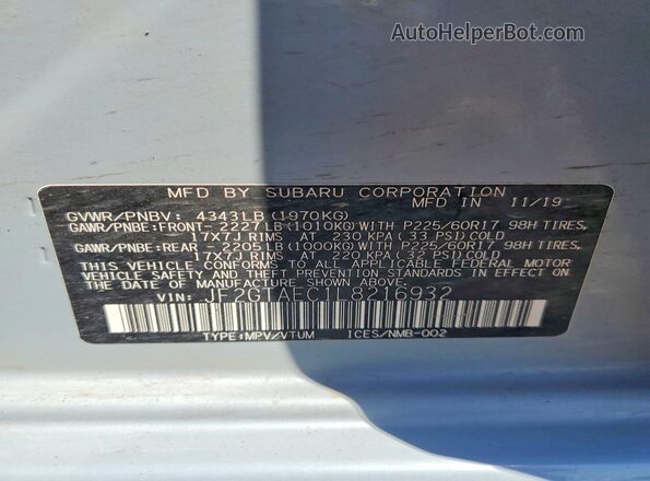 JF2GTAEC1L8216932 2020 SUBARU CROSSTREK Blue Вид наклейки з VIN-кодом