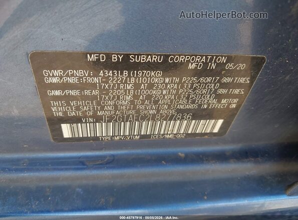 JF2GTAEC2L8277836 2020 SUBARU CROSSTREK Blue Engine compartment view