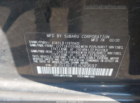JF2GTAEC2LH249597 2020 SUBARU CROSSTREK Черный Вид подкапотного пространства