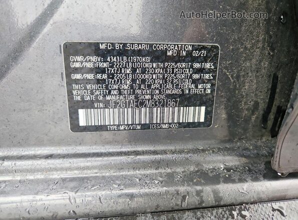 JF2GTAEC2M8321867 2021 SUBARU CROSSTREK Charcoal Vista interior de 360 grados