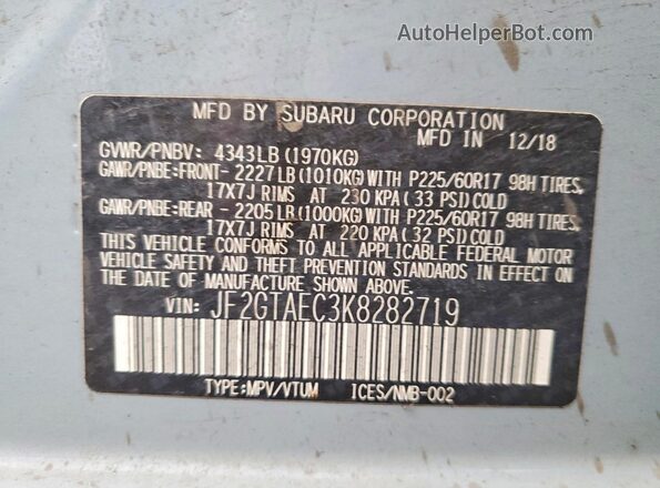 JF2GTAEC3K8282719 2019 SUBARU CROSSTREK Blue Widok komory silnika
