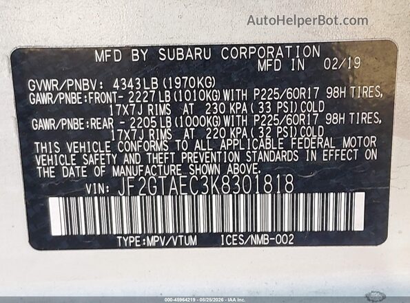 JF2GTAEC3K8301818 2019 SUBARU CROSSTREK White Vista del compartimento del motor
