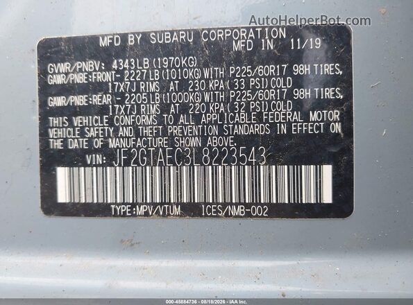 JF2GTAEC3L8223543 2020 SUBARU CROSSTREK Light Blue ძრავის განყოფილების ხედი