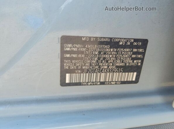 JF2GTAEC4K8329515 2019 SUBARU CROSSTREK Blue ძრავის განყოფილების ხედი