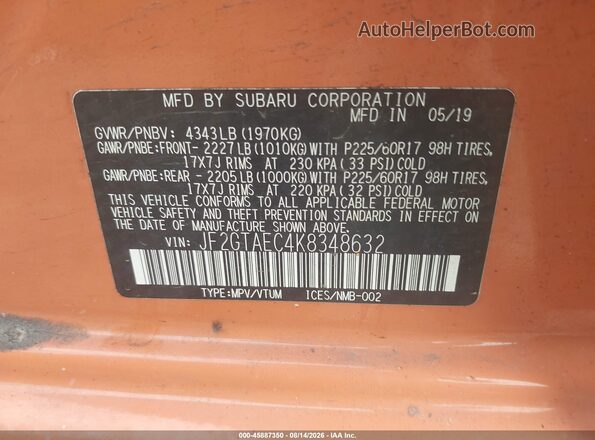 JF2GTAEC4K8348632 2019 SUBARU CROSSTREK Orange Engine compartment view