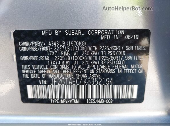 JF2GTAEC4K8352194 2019 SUBARU CROSSTREK Silver Vista del compartimento del motor